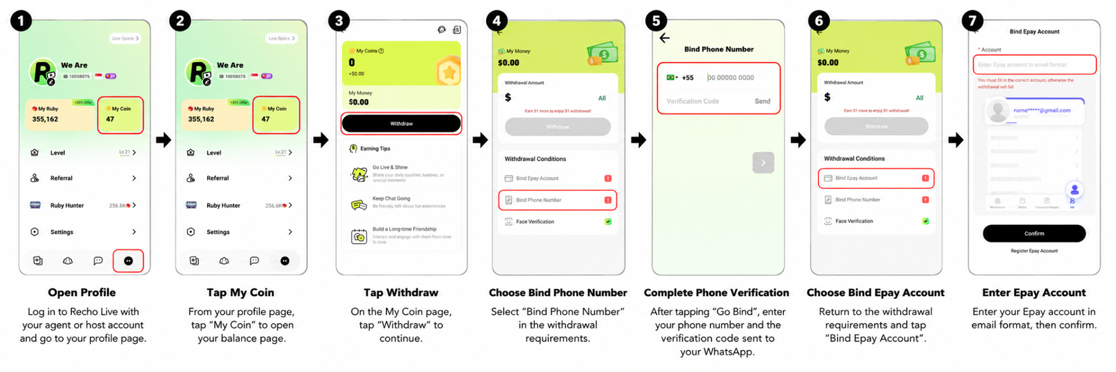 Recho Live app screens showing how to withdraw earnings and bind Epay account
