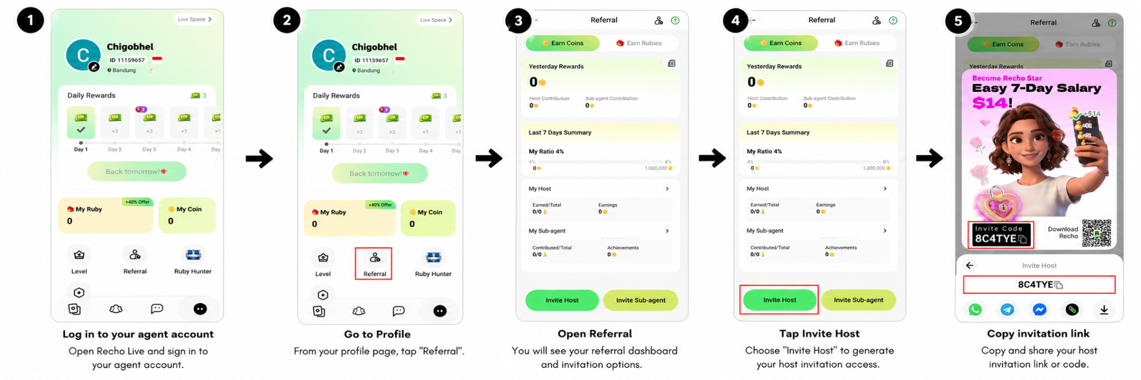 Recho Live app screens showing how to invite a host through the referral menu