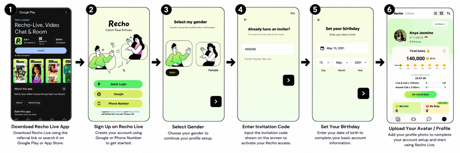 Recho Live host onboarding screens showing download, registration, and invitation code steps