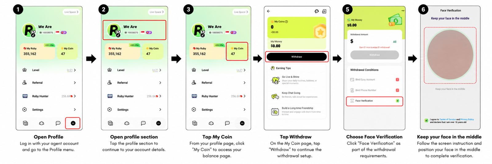 Recho Live app screens showing the face verification flow for agents