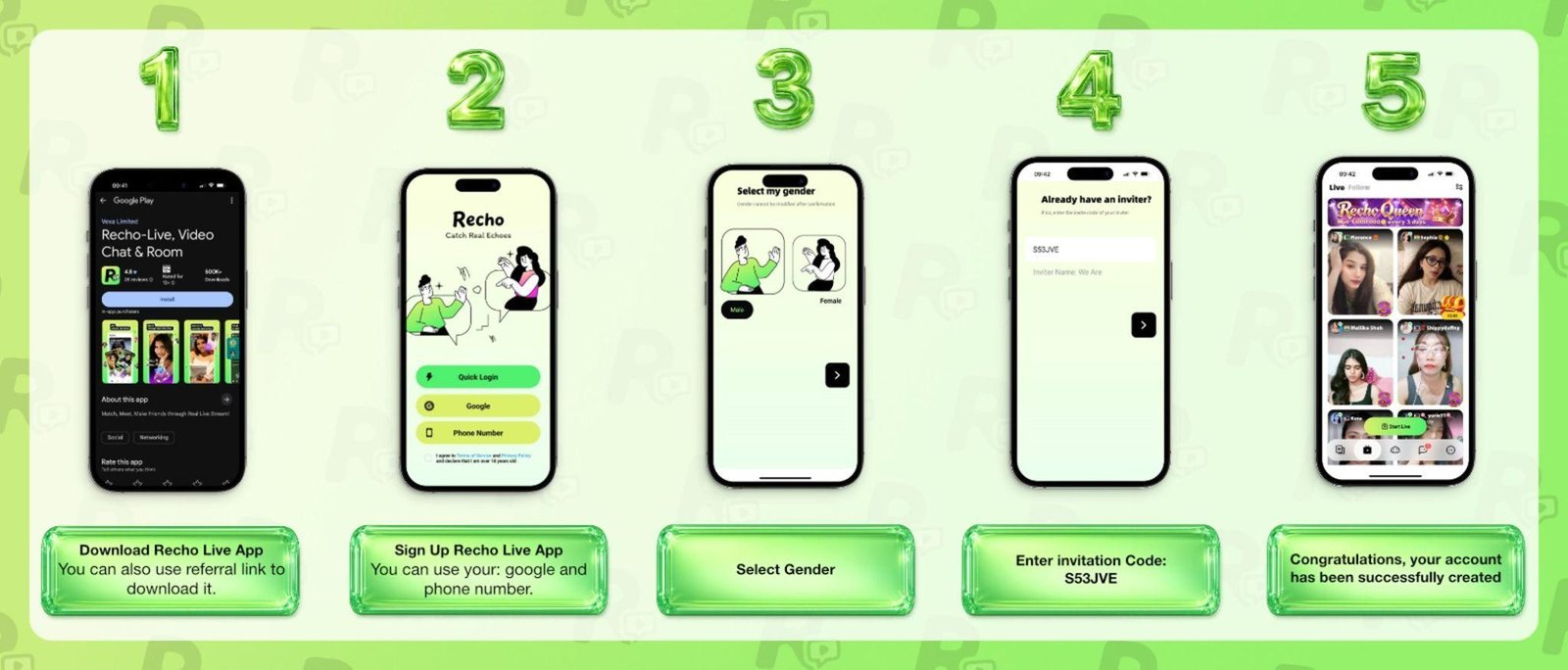 Step-by-step guide to download Recho Live app and register as an agency agent with invitation code S53JVE
